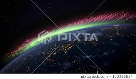 Celestial Dance: A vibrant aurora borealis, a breathtaking display of color, dances across the Earth's atmosphere, a mesmerizing spectacle viewed from space. Celestial Dance: A vibrant aurora borealis, a breathtaking display of color, dances across the Earth's atmosphere, a mesmerizing spectacle viewed from space. 133385654