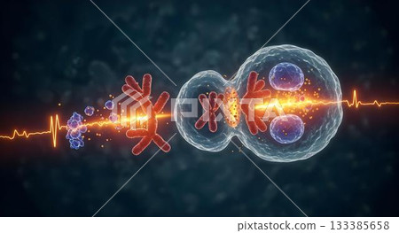 Cellular Division: Depicting the intricate dance of life at a microscopic level, showcasing the miraculous process of cell division with stunning detail and vibrancy. 133385658