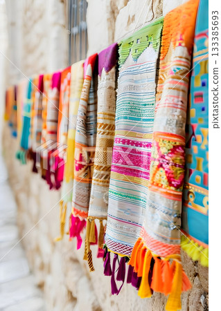 The alleyway displays traditional textiles, showcasing the areas rich culture and craftsmanship 133385693