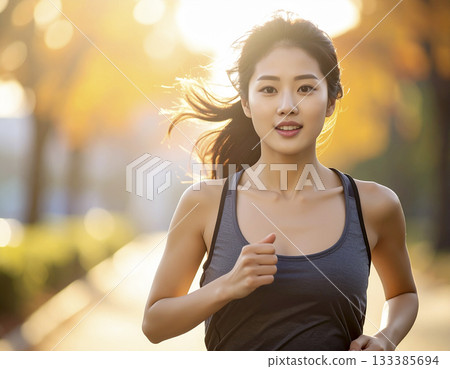 AI-generated image of a young Japanese woman jogging 133385694