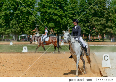 Equestrian dressage competition, woman riding horse in arena, outdoor event, horse and rider performing, equestrian sport, horse show, horsemanship, training. Equestrian dressage competition, woman riding horse in arena, outdoor event, horse and rider performing, equestrian sport, horse show, horsemanship, training. 133385706