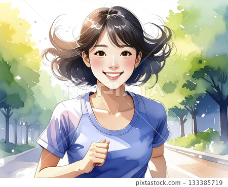 AI-generated image of a young Japanese woman jogging 133385719
