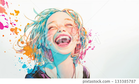 水彩插畫，描繪了一位大笑的女人 133385787