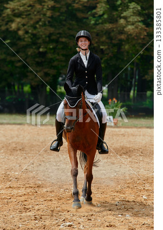 Equestrian sport, horse and rider in dressage competition, woman riding horse in outdoor arena, training and performance, equine event, sunny day, natural light, action shot. Equestrian sport, horse and rider in dressage competition, woman riding horse in outdoor arena, training and performance, equine event, sunny day, natural light, action shot. 133385801