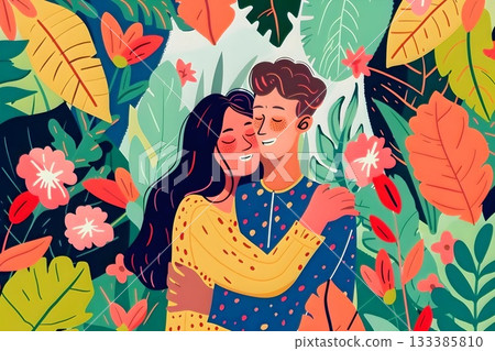 Couple embracing in a colorful natural setting in an animated illustration of love and affection 133385810