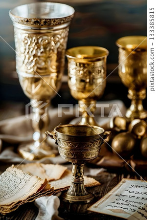 Elegant Vintage Goblets and Beautiful Antique Books in a classic and luxurious setting 133385815