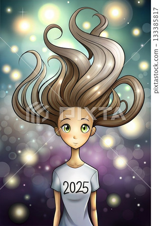 Animated Girl with Flowing Hair and 2025 Shirt in Starry Scene 133385817