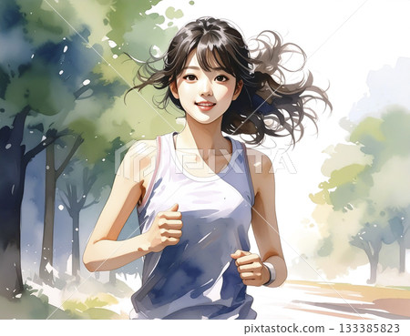 AI-generated image of a young Japanese woman jogging 133385823