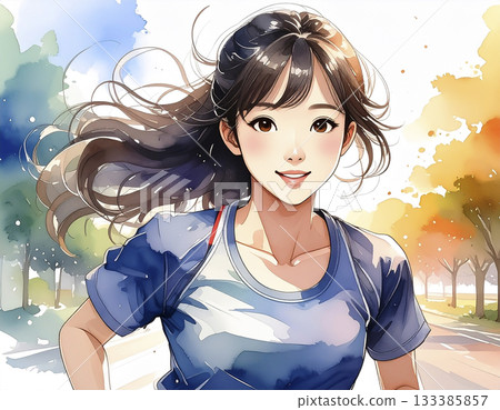 AI-generated image of a young Japanese woman jogging 133385857