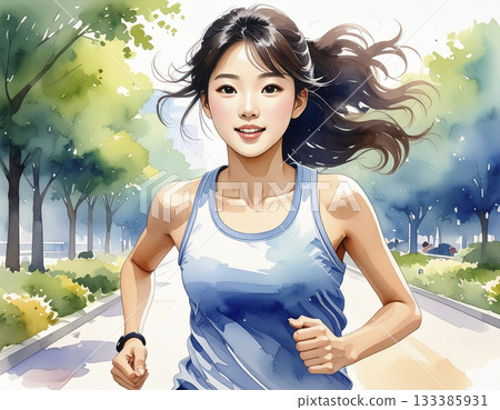AI-generated image of a young Japanese woman jogging 133385931