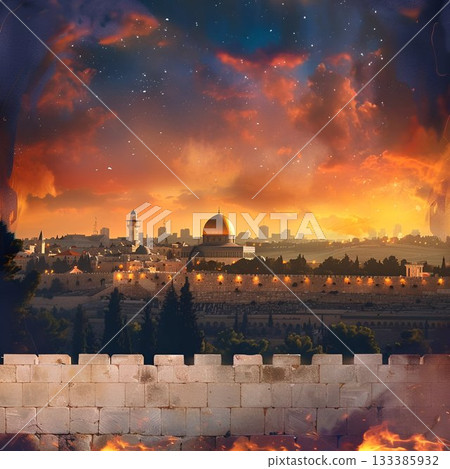 Dome of the Rock at sunset with dramatic sky in Jerusalem, brick wall with city, clouds, water, and landscape in background at dusk 133385932