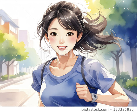 AI-generated image of a young Japanese woman jogging 133385953