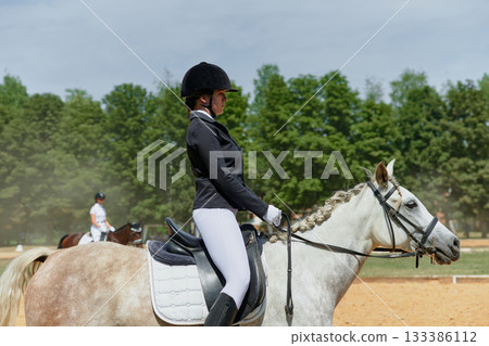 Equestrian sport, horse and rider in dressage competition, woman riding horse in outdoor arena, training and performance, equine event, sunny day, natural light, action shot. 133386112