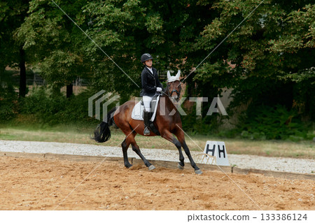 A woman riding a horse in an outdoor arena, showcasing equestrian sport and dressage training. This image is perfect for illustrating themes of competition, healthy lifestyle, and outdoor activities. 133386124