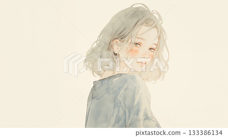 Watercolor illustration of a woman looking back 133386134