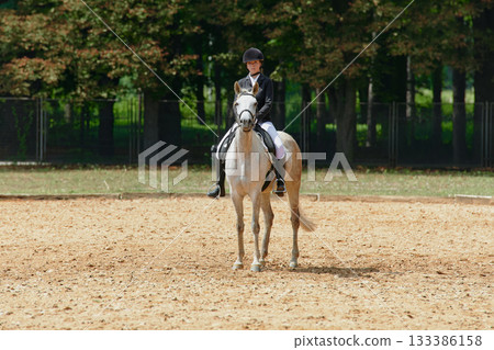 Equestrian sport, horse and rider in dressage competition, woman riding horse in outdoor arena, training and performance, equine event, sunny day, natural light, action shot. 133386158