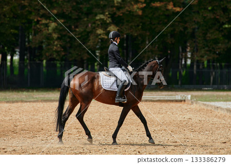 Equestrian sport, horse and rider in dressage competition, woman riding horse in outdoor arena, training and performance, equine event, sunny day, natural light, action shot. 133386279