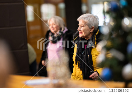Two older women dressed in winter clothing standing in a hotel lobby and having a friendly conversation next to their luggage. Concept of travel, friendship, and leisure lifestyle for seniors. Two older women dressed in winter clothing standing in a hotel lobby and having a friendly conversation next to their luggage. Concept of travel, friendship, and leisure lifestyle for seniors. 133386392