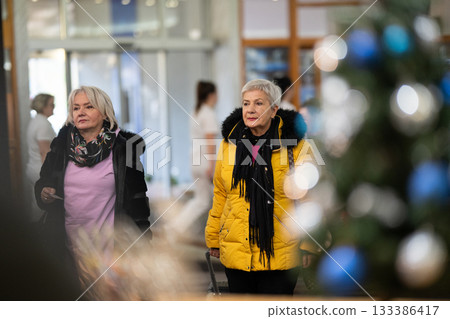 Two older women dressed in winter clothing standing in a hotel lobby and having a friendly conversation next to their luggage. Concept of travel, friendship, and leisure lifestyle for seniors. Two older women dressed in winter clothing standing in a hotel lobby and having a friendly conversation next to their luggage. Concept of travel, friendship, and leisure lifestyle for seniors. 133386417