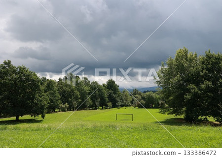 Soccer field with a goal in the middle of it 133386472