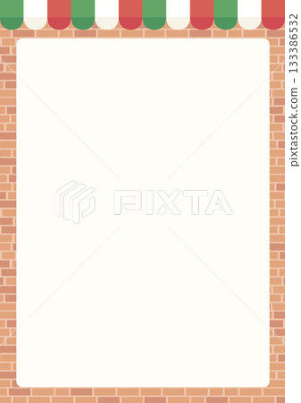 A4 size vertical menu board with Italian color awning and light colored brick wall background A4 size vertical menu board with Italian color awning and light colored brick wall background 133386532