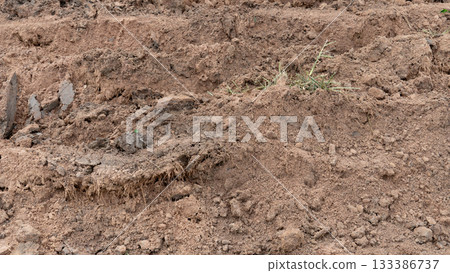 Agricultural soil conditioners. Layered Texture of Freshly Excavated Brown Soil. 133386737