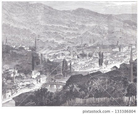 An intricate historical engraving of Sarajevo's panoramic view, showing its dense old town, minarets, a river with bridges, and surrounding hills. An intricate historical engraving of Sarajevo's panoramic view, showing its dense old town, minarets, a river with bridges, and surrounding hills. 133386804