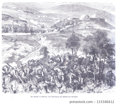 An engraving of an intense historical battle scene with soldiers fighting in the foreground, and a fortified town, complete with minarets and a castle on a hill, in the background An engraving of an intense historical battle scene with soldiers fighting in the foreground, and a fortified town, complete with minarets and a castle on a hill, in the background 133386812