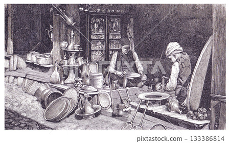 Engraving of a traditional Sarajevo coppersmith's workshop (kujundzijska radnja), showing artisans crafting metalware amidst numerous finished and unfinished items, reflecting 19th-century Balkan Engraving of a traditional Sarajevo coppersmith's workshop (kujundzijska radnja), showing artisans crafting metalware amidst numerous finished and unfinished items, reflecting 19th-century Balkan 133386814