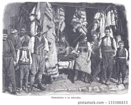 Engraving of men and boys, likely fur pelt merchants, in a Sarajevo bazaar shop, surrounded by hanging animal pelts and a rustic market setting. Engraving of men and boys, likely fur pelt merchants, in a Sarajevo bazaar shop, surrounded by hanging animal pelts and a rustic market setting. 133386815