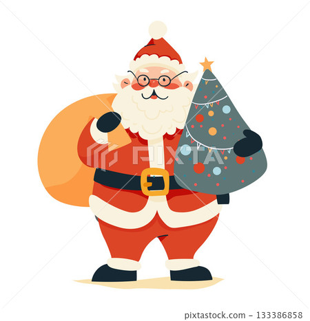 Merry Christmas illustration, cute Santa Claus with a bag of gifts and a New Year tree, vintage flat cartoon illustration isolated on white background. 133386858