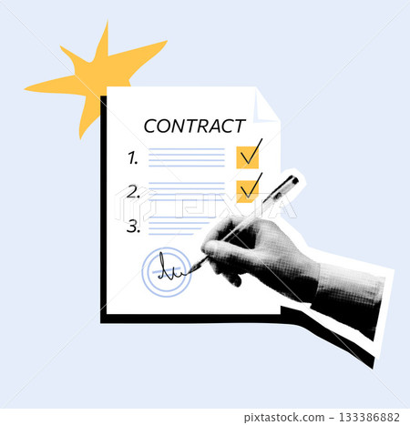 A person s hand signing a contract with a pen. Modern vector collage in halftone. Business agreement and document design concept for banners, posters, and other design projects. A person s hand signing a contract with a pen. Modern vector collage in halftone. Business agreement and document design concept for banners, posters, and other design projects. 133386882