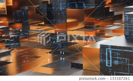 Virtual cityscape with grid-like structures and flowing data lines, symbolizing computer logic 133387261