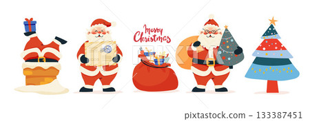 Santa Claus set of vintage Christmas illustrations with a decorated Christmas tree, chimney, and sack of gifts. Flat vector clip art on an isolated background. 133387451