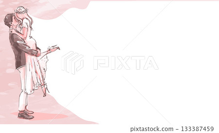 A bride and groom hug and kiss on a pink wedding illustration with space for text. Vector romantic hand-drawn illustration of a couple on a white background. Concept of love and marriage. A bride and groom hug and kiss on a pink wedding illustration with space for text. Vector romantic hand-drawn illustration of a couple on a white background. Concept of love and marriage. 133387459