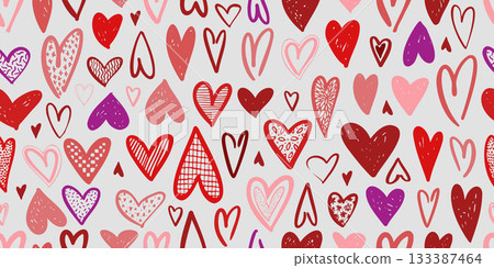 Seamless pattern with hand drawn hearts in red, pink, and purple colors on light background. Vector doodle illustration for Valentine s Day design, greeting card, or textile print. 133387464