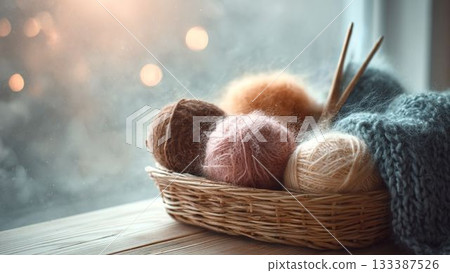 冬日窗台上放著一籃蓬鬆的毛線。 133387526