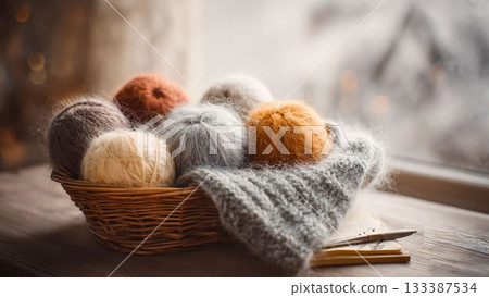 木桌上擺放著毛線和未完成的針織品。 133387534