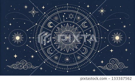 Boho Constellation Print Dark Monochrome Vector Art Background 133387562