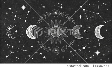 Boho Constellation Print Dark Monochrome Vector Art Background Boho Constellation Print Dark Monochrome Vector Art Background 133387564