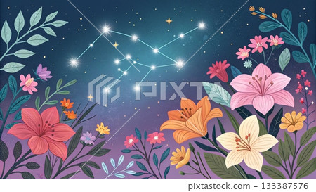 Boho Constellation Print  Neon Gradient Galaxy Tone  Flower Glowing Neon  Vector Art Background 133387576