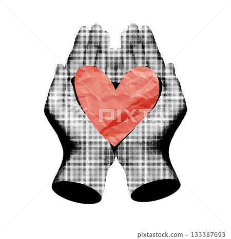 Two hands holding a heart, a trendy vector collage in halftones. Conceptual ideas for blood donation, medicine, heart health, support, and romantic relationships. Valentine s Day element. 133387693