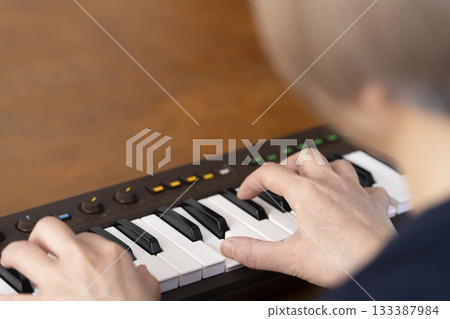 一位老年婦女彈奏鍵盤 一位老年婦女彈奏鍵盤 133387984