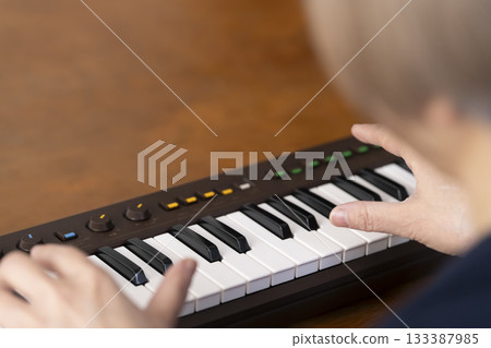 一位老年婦女彈奏鍵盤 一位老年婦女彈奏鍵盤 133387985