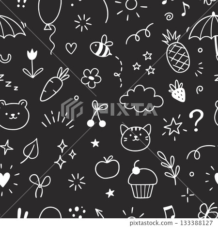 Line cute kid icon pattern. Hand drawn cute children style animal face, flower, star on chalkboard background. Doodle sketch heart, star, cloud baby cartoon seamless pattern. Vector Line cute kid icon pattern. Hand drawn cute children style animal face, flower, star on chalkboard background. Doodle sketch heart, star, cloud baby cartoon seamless pattern. Vector 133388127