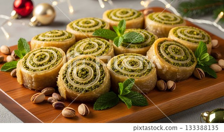 artisanal pistachio pinwheel cookies displayed with holiday ornaments and warm lighting ambiance 133388135
