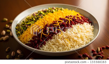presentation of traditional saffroninfused pilaf decorated with barberries and pistachios in festive 133388163