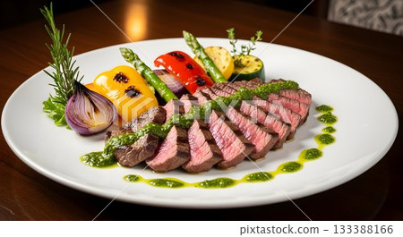 sophisticated culinary display showcasing juicy steak alongside colorful grilled vegetables sophisticated culinary display showcasing juicy steak alongside colorful grilled vegetables 133388166