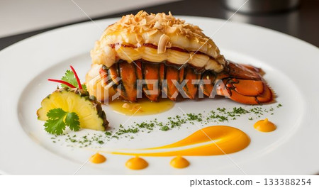 elegant seafood presentation, luxurious butterinfused lobster complemented by aromatic saffron sauce 133388254