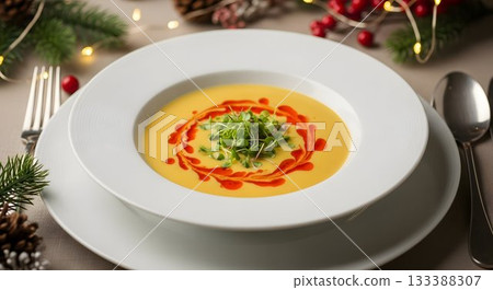 winter seasonal pumpkin soup presentation, velvety pumpkin broth adorned with herbs and microgreens 133388307